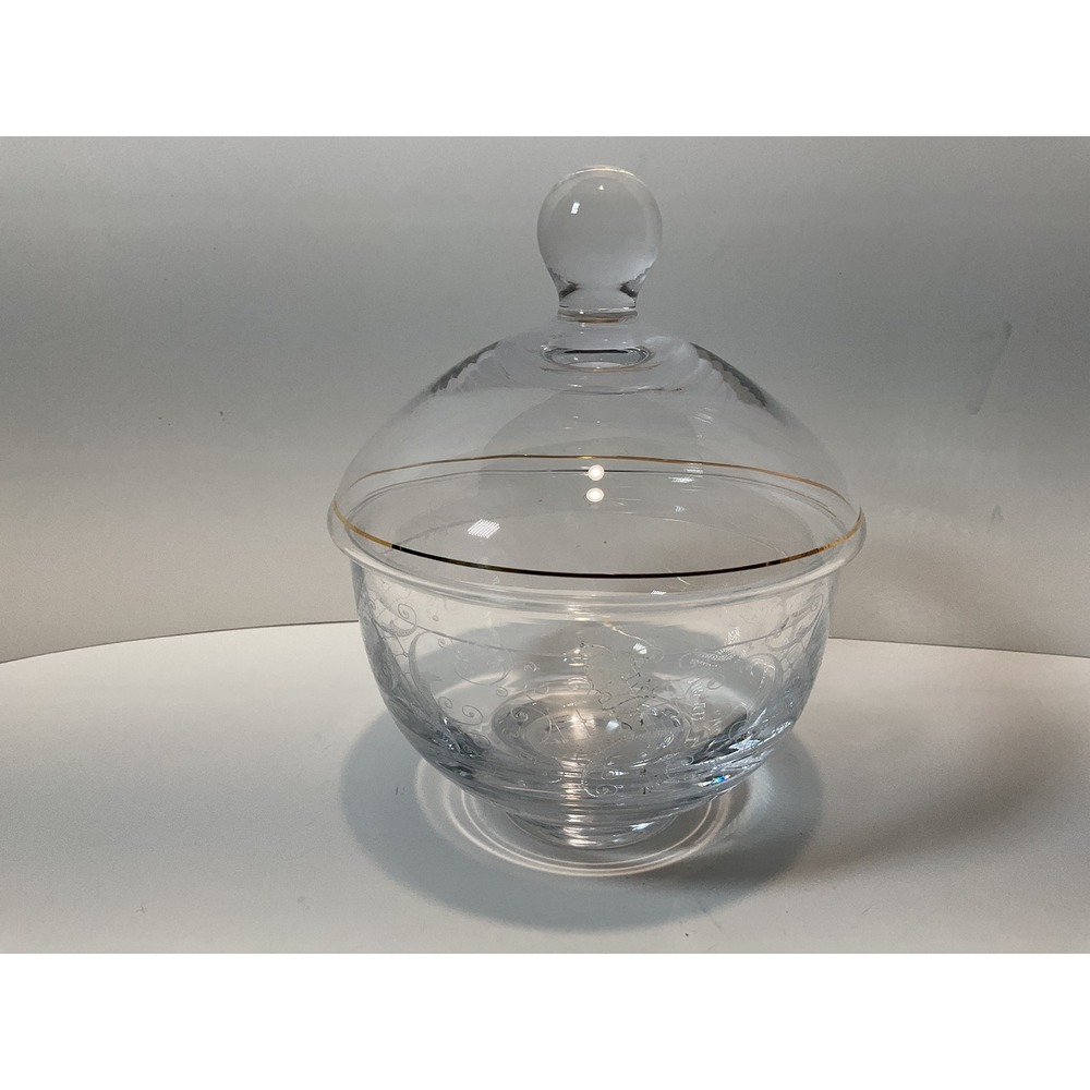 Elegant Clear Glass‎ Candy Dish with Lid Gold Rim Etched Floral Design